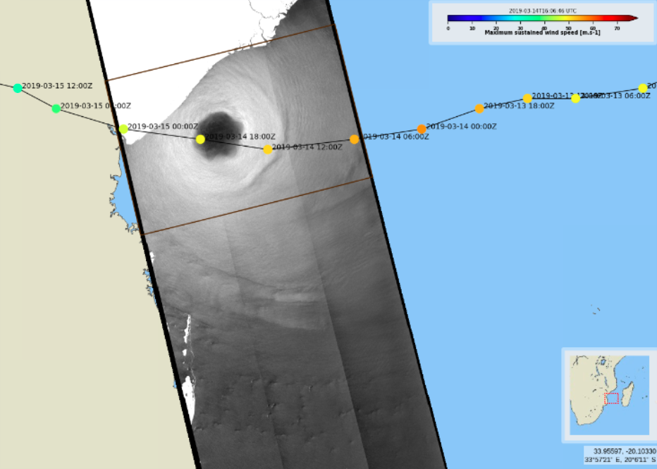 Cyclone track and Roughness from Sentinel-1B during cyclone Idai on 2019/03/14