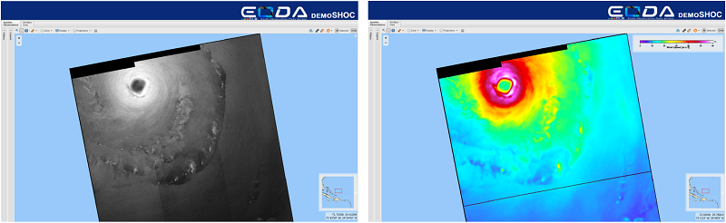 Sentinel-1A image acquired over Dorian on 30/08/19 at 22:46 UTC with SAR image and ocean sea surface wind speed map estimated from the SAR product. The algorithm used is described in Mouche et al., 2019.