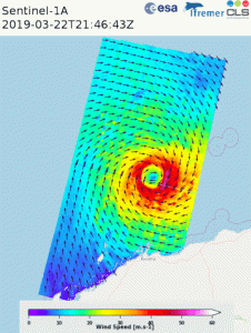 Animation displaying the wind field derived from the Sentinel-1 SAR in dual-polarisation acquired over Tropical Cyclone Veronica while approaching Australian coast. Copernicus Sentinel-1A and Copernicus Sentinel-1B data were used to produce the animation. Maximum measured wind speeds reach more than 50m/s. Copyright: Contains modified Copernicus Sentinel data (2019) The SAR images and wind maps are available for viewing on the EODA Portal, under the SHOC demo: eoda.cls.fr