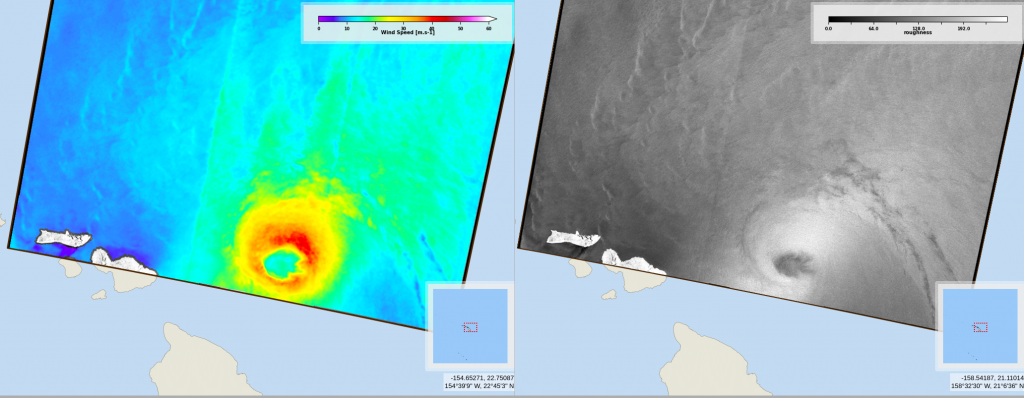 Wind speed and radar roughness map from Radarsat-2 on 2020/07/26 at 16:11 UTC (Credits CYMS / GIS Bretel)