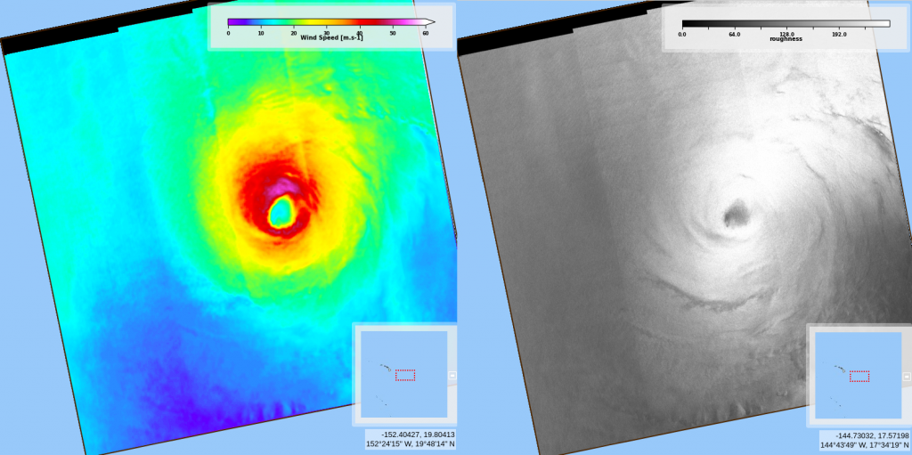 Wind speed and ocean surface roughness from Sentinel-1A on 2020/07/25 at 03:48 UTC (Credits CYMS / Copernicus)