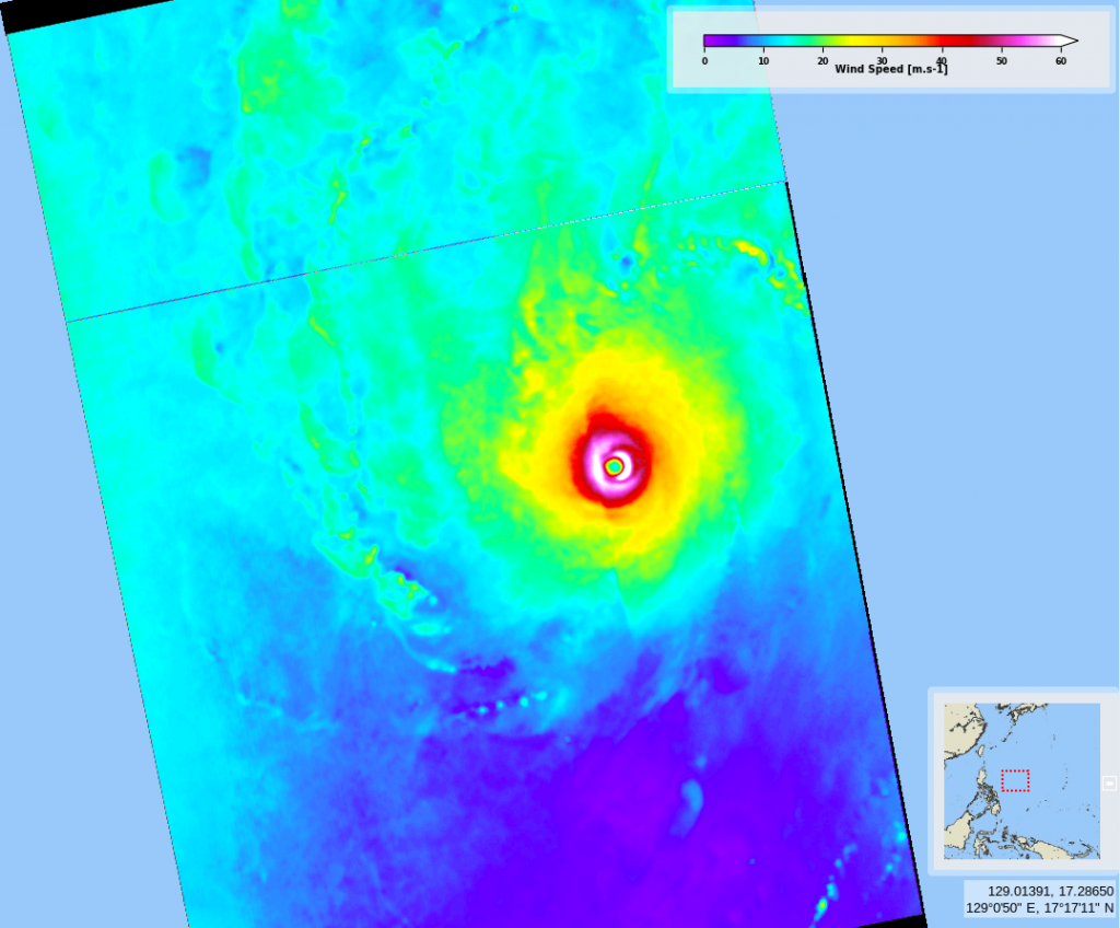 October 30, 2020, 9:25 UTC, wind speed retrieved from Sentinel-1A