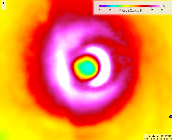 October 30, 2020, 9:25 UTC, wind speed retrieved from Sentinel-1A (zoom on the eye & eyewalls)